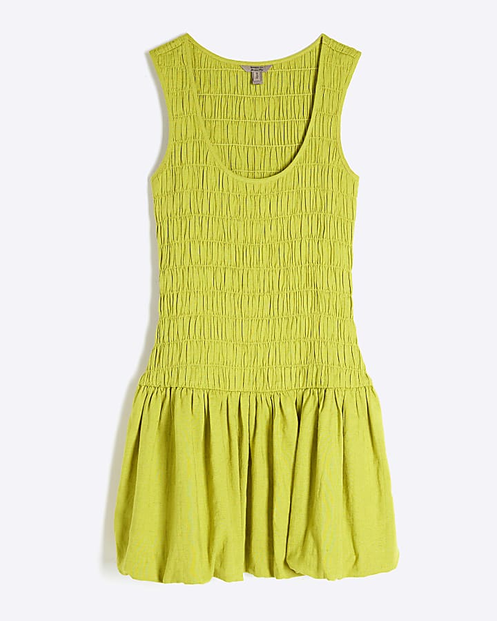 Lime Linen Bubble Hem Shirred Mini Dress