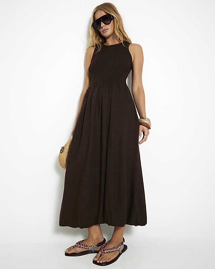 Brown Sleeveless Bubble Hem Racer Midi Dress