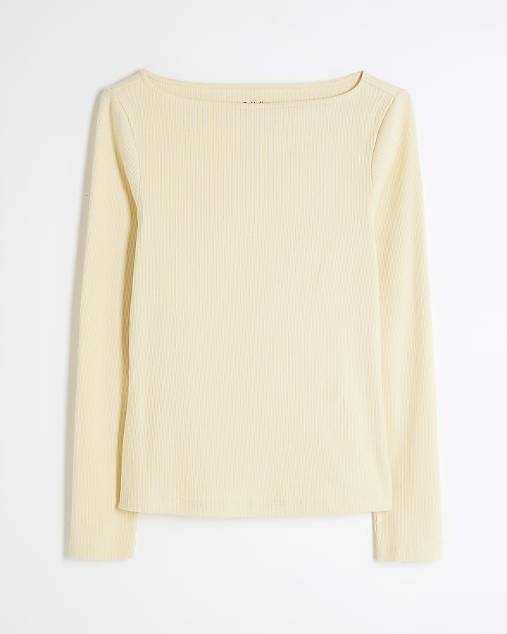 Yellow Long Sleeve Fitted Boat Neck Top