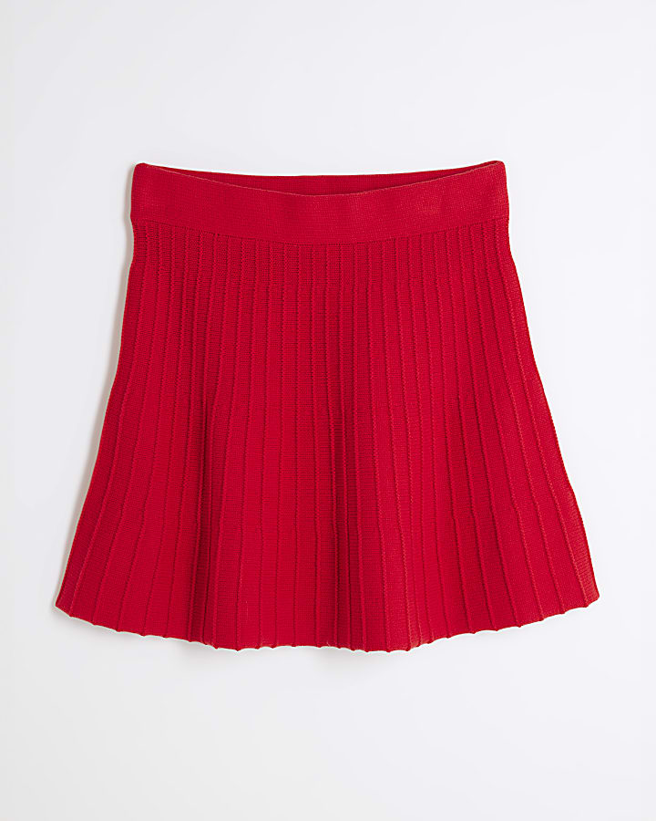 Red Pleated Knit Mini Skirt