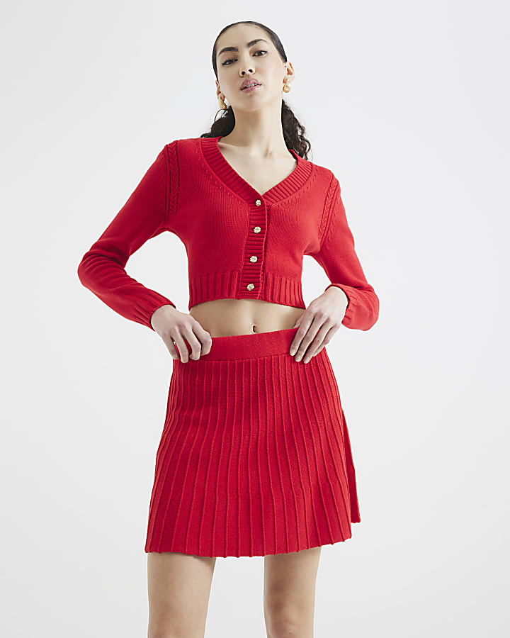 Red Pleated Knit Mini Skirt