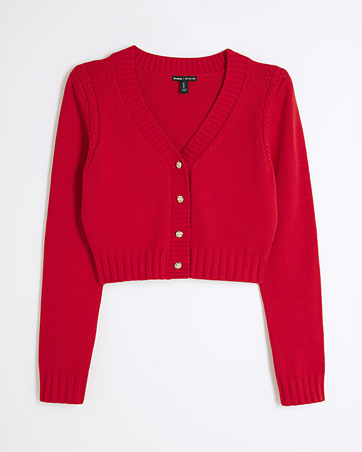 Red Cropped V Neck Cardi