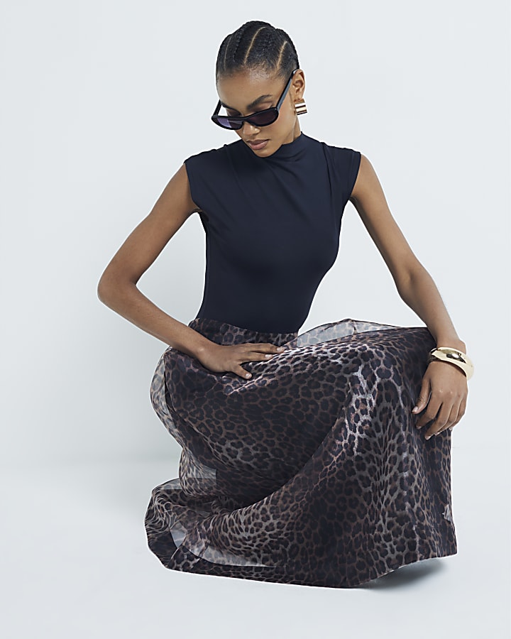 Brown Leopard Organza Midi Skirt