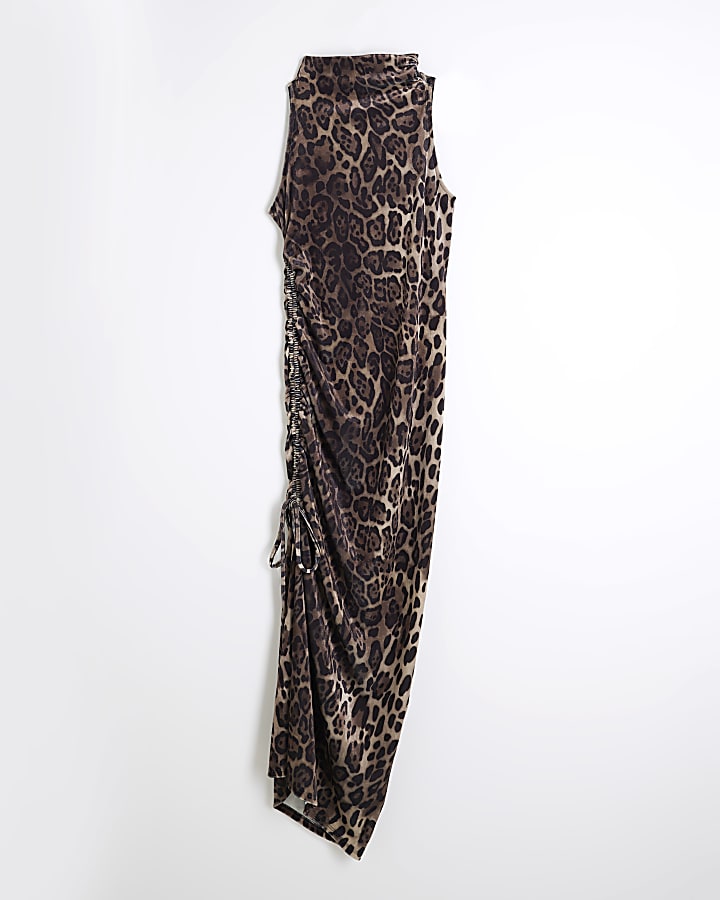 Brown Velvet Leopard Ruched Midi Dress