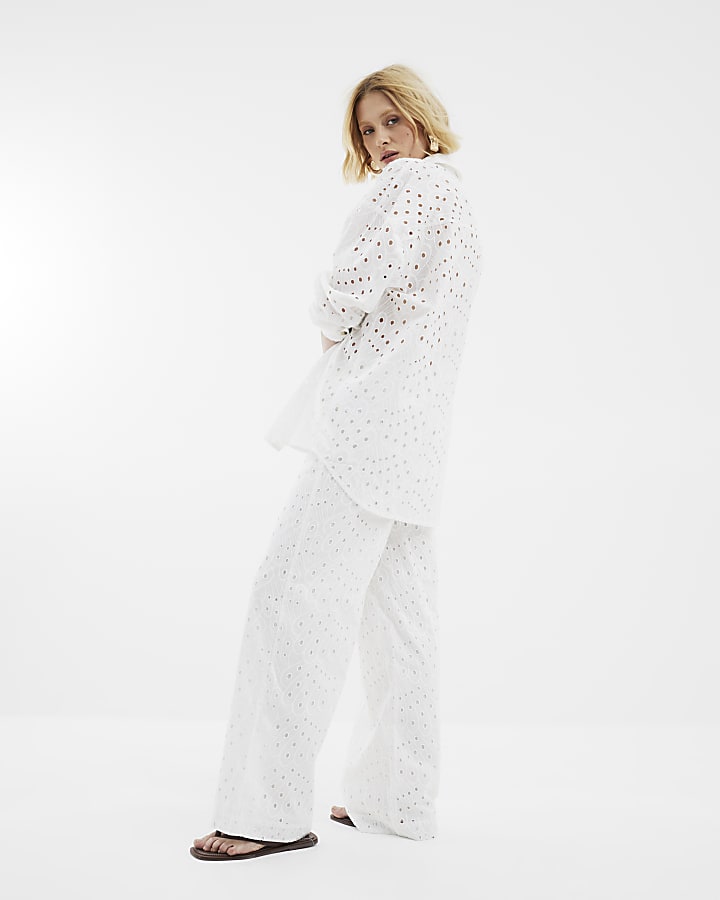 White Broderie Wide Leg Trousers