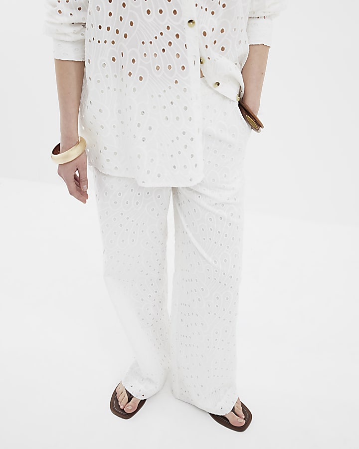 White Broderie Wide Leg Trousers