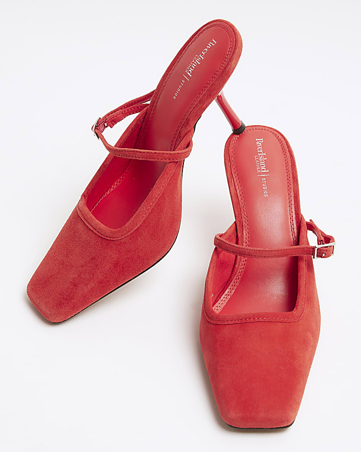 Red Faux Suede Buckle Strap Heeled Mules