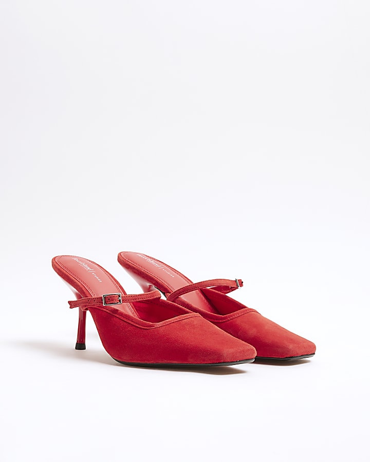 Red Faux Suede Buckle Strap Heeled Mules