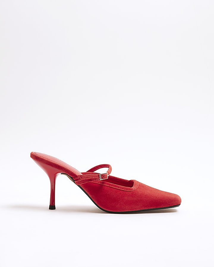 Red Faux Suede Buckle Strap Heeled Mules