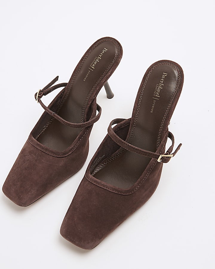 Brown Faux Suede Buckle Strap Heeled Mules