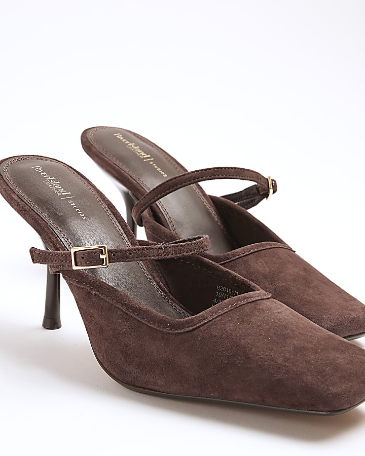 Brown Faux Suede Buckle Strap Heeled Mules