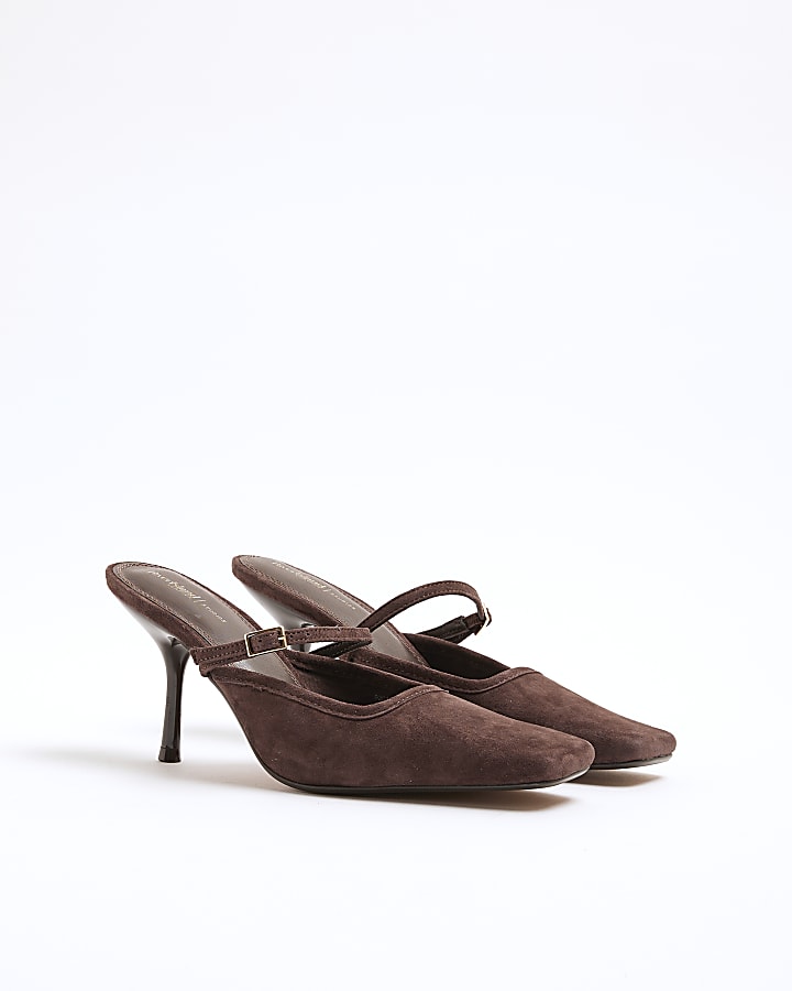 Brown Faux Suede Buckle Strap Heeled Mules