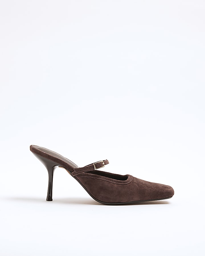 Brown Faux Suede Buckle Strap Heeled Mules