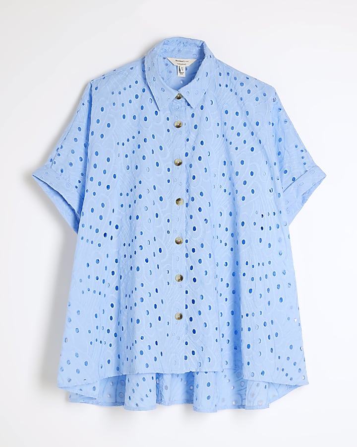 Blue Short Sleeve Broderie Shirt