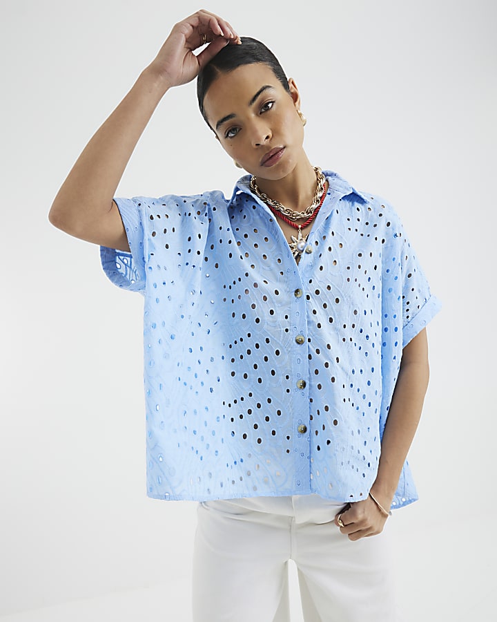 Blue Short Sleeve Broderie Shirt