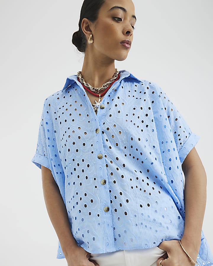 Blue Short Sleeve Broderie Shirt