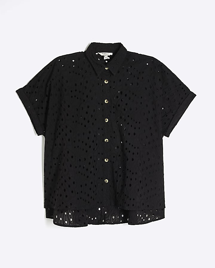 Black Short Sleeve Broderie Shirt