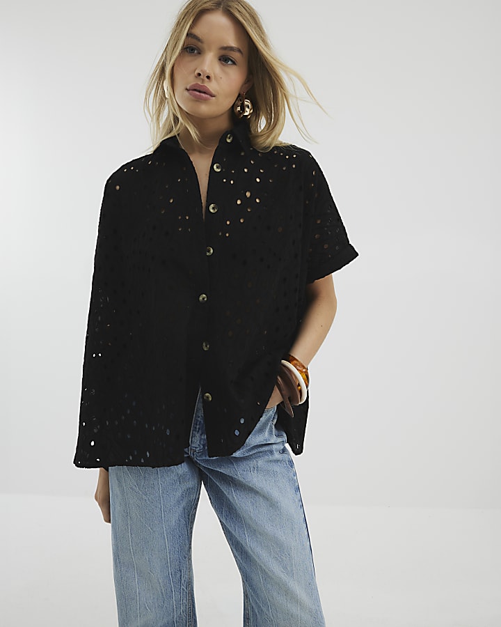 Black Short Sleeve Broderie Shirt