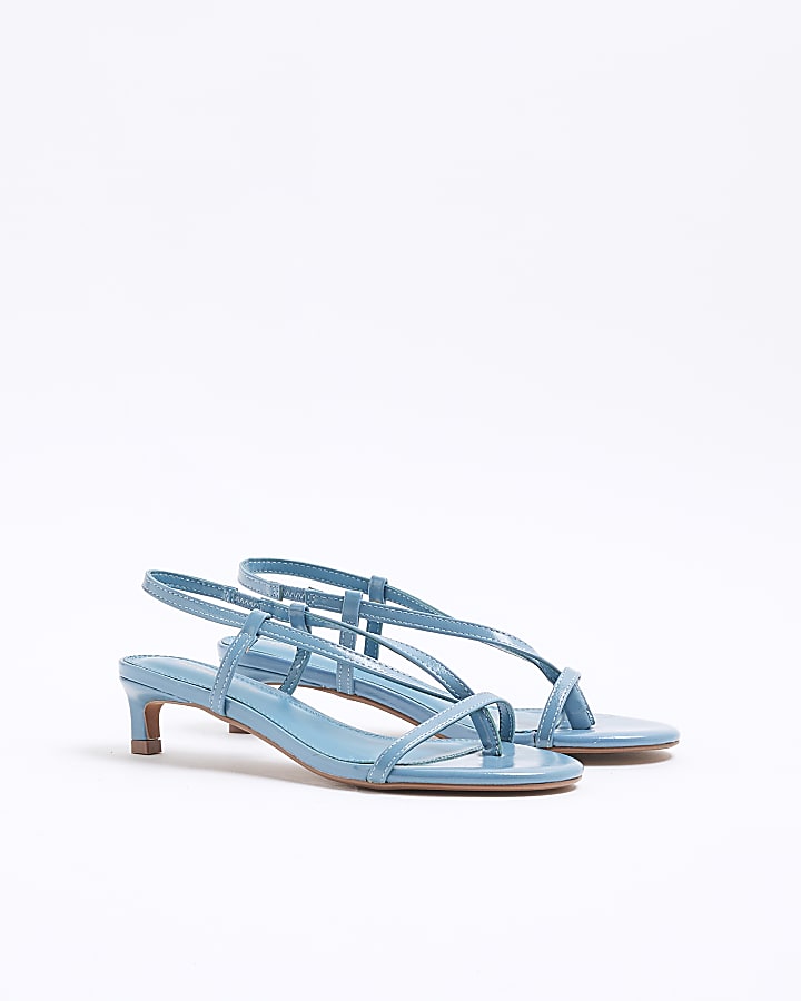 Blue Strappy Toe Thong Kitten Heel Sandals