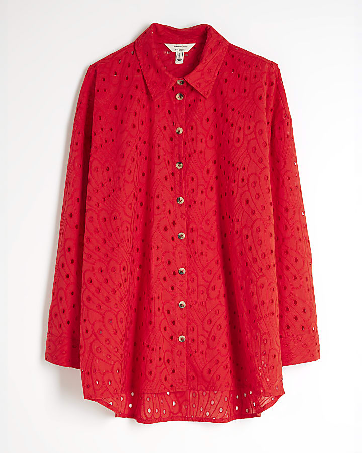 Red Long Sleeve Oversized Broderie Shirt