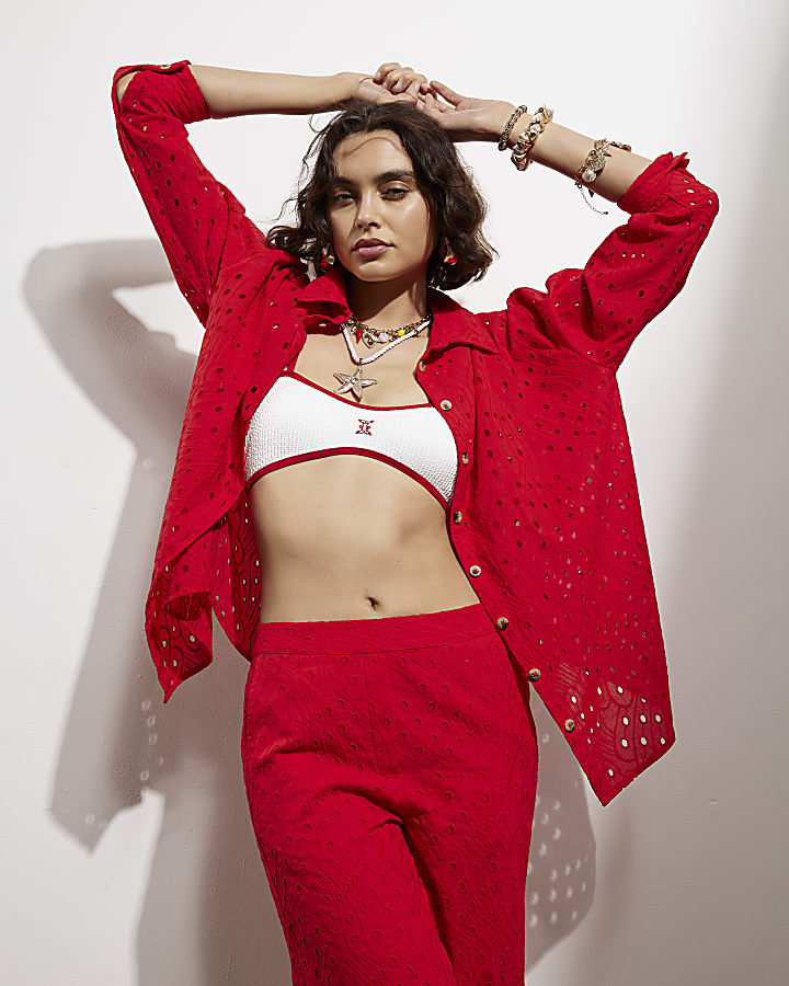 Red Long Sleeve Oversized Broderie Shirt