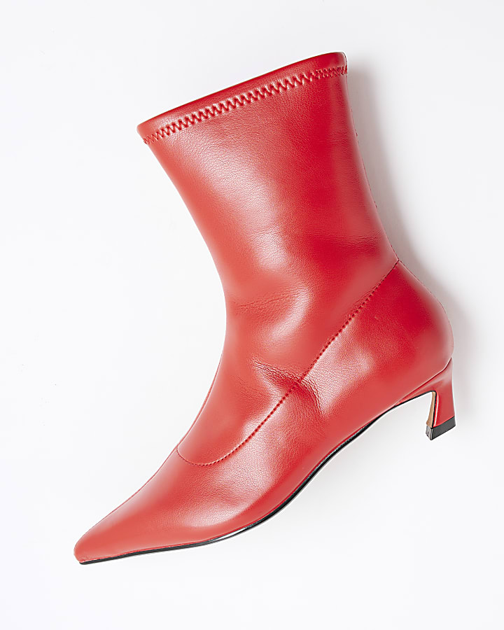 Red Slanted Kitten Heel Sock Boots