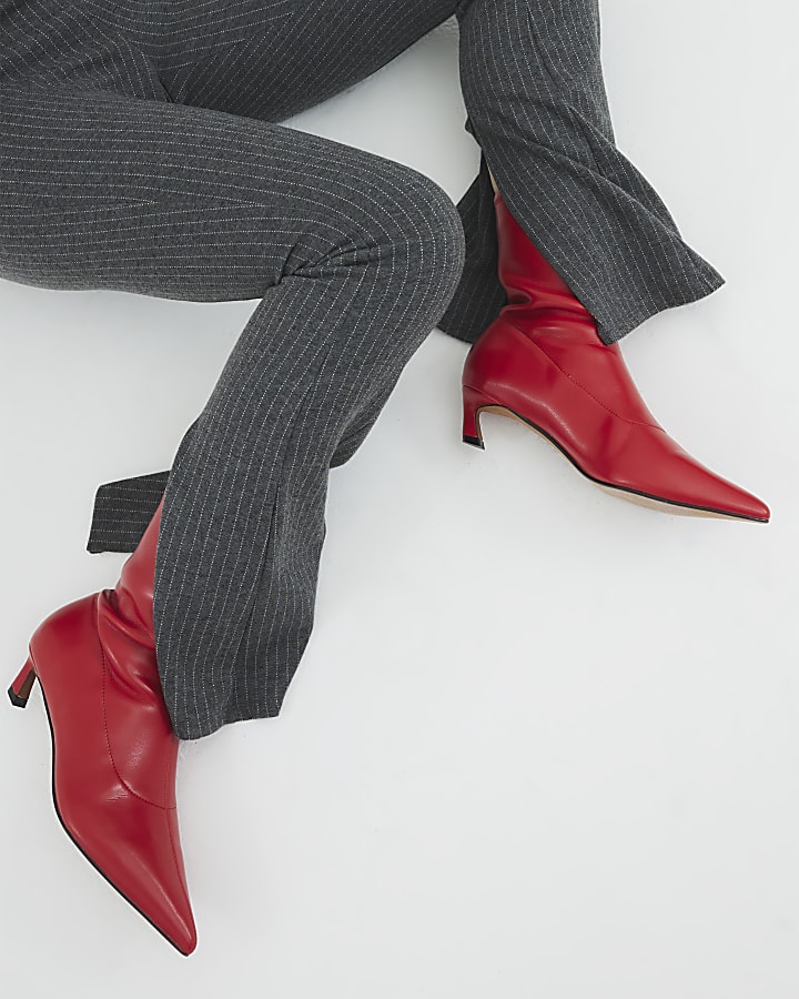 Red Slanted Kitten Heel Sock Boots