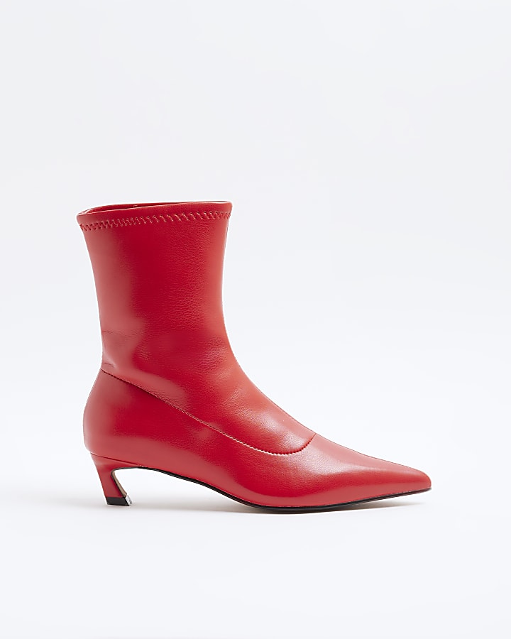 Red Slanted Kitten Heel Sock Boots