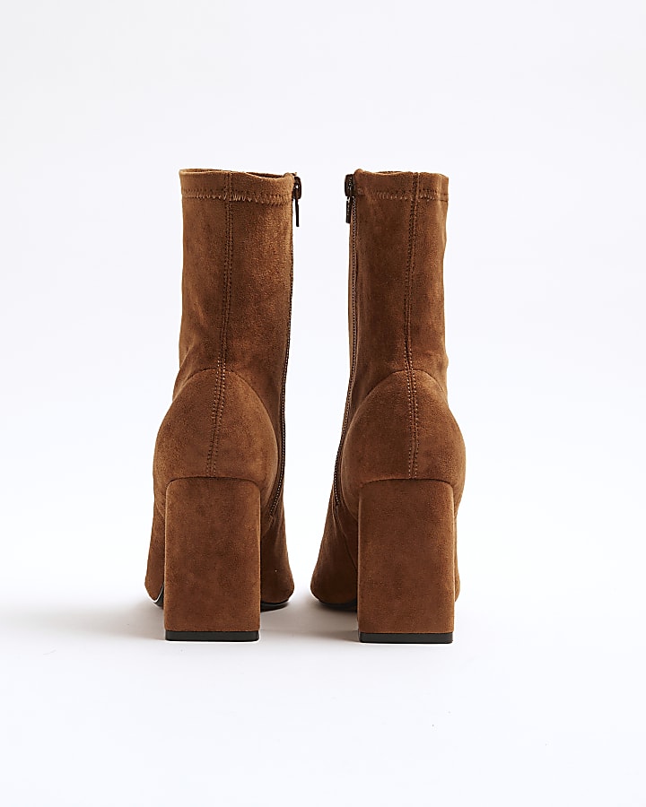 Brown Faux Suede Block Heel Ankle Boots