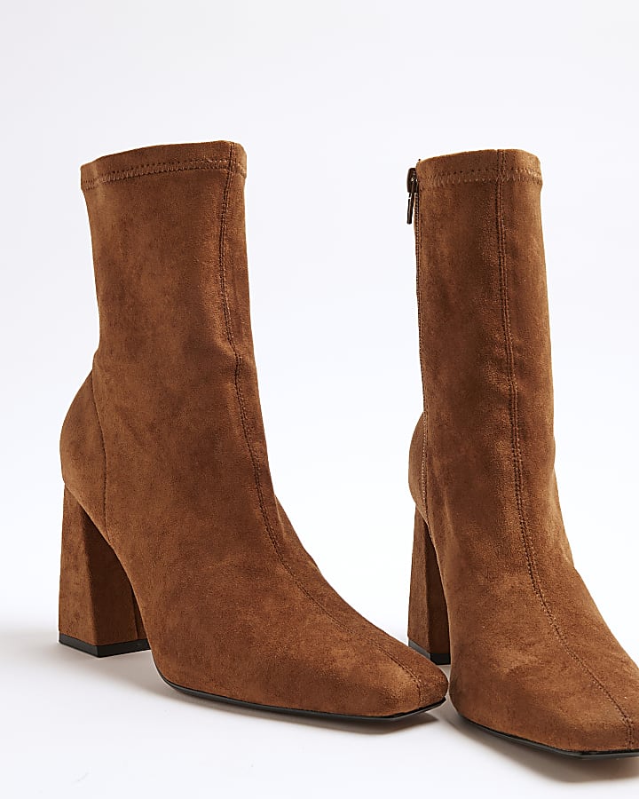 Brown Faux Suede Block Heel Ankle Boots