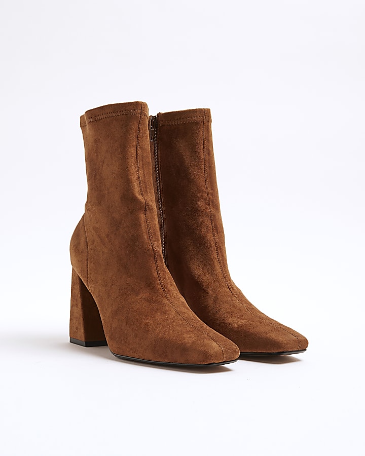 Brown Faux Suede Block Heel Ankle Boots