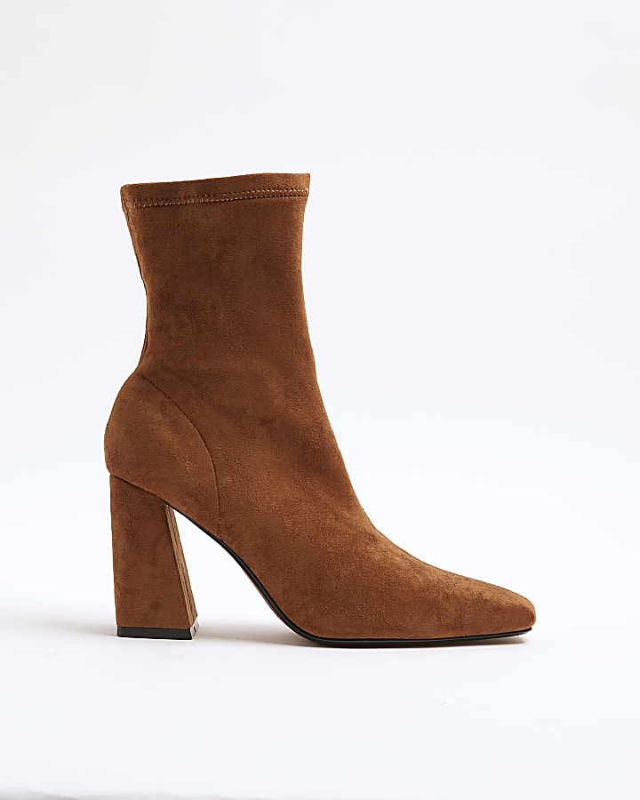 Brown Faux Suede Block Heel Ankle Boots