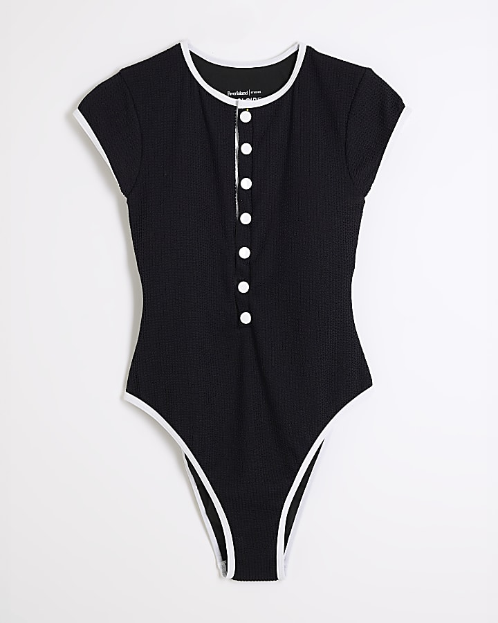 Black Button Through Textured Swimsuit