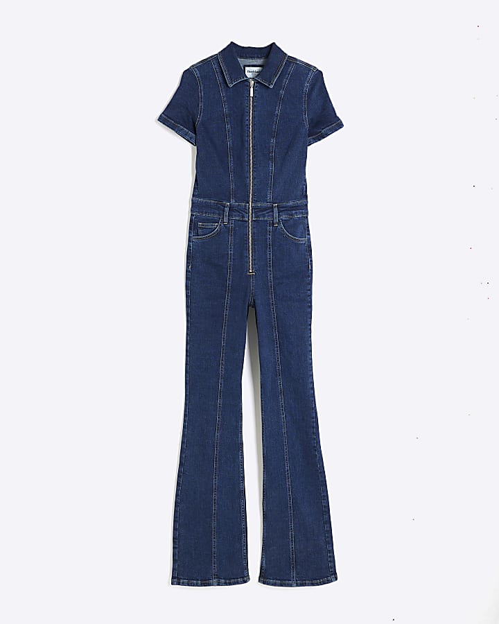 Blue Denim Flare Leg Jumpsuit