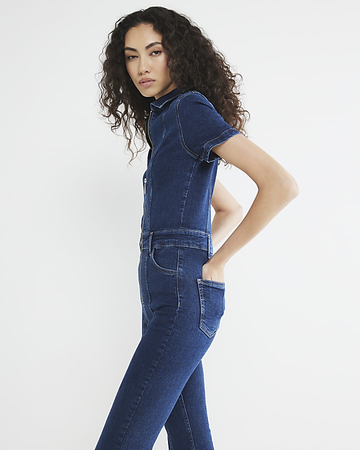 Blue Denim Flare Leg Jumpsuit