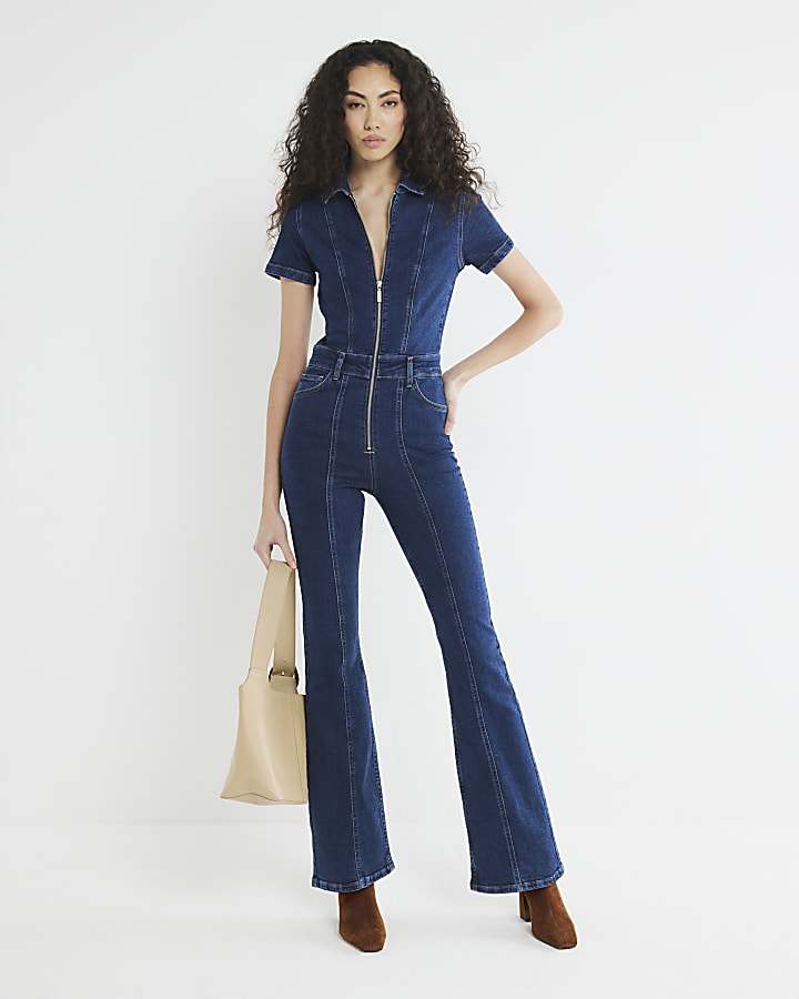 Blue Denim Flare Leg Jumpsuit