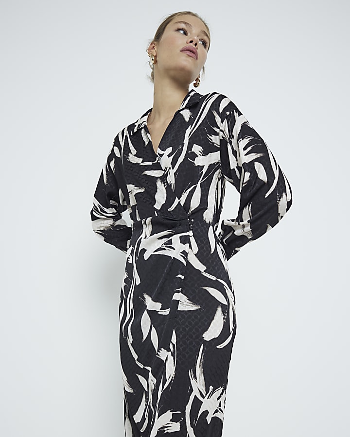 Black Abstract Print Midi Dress