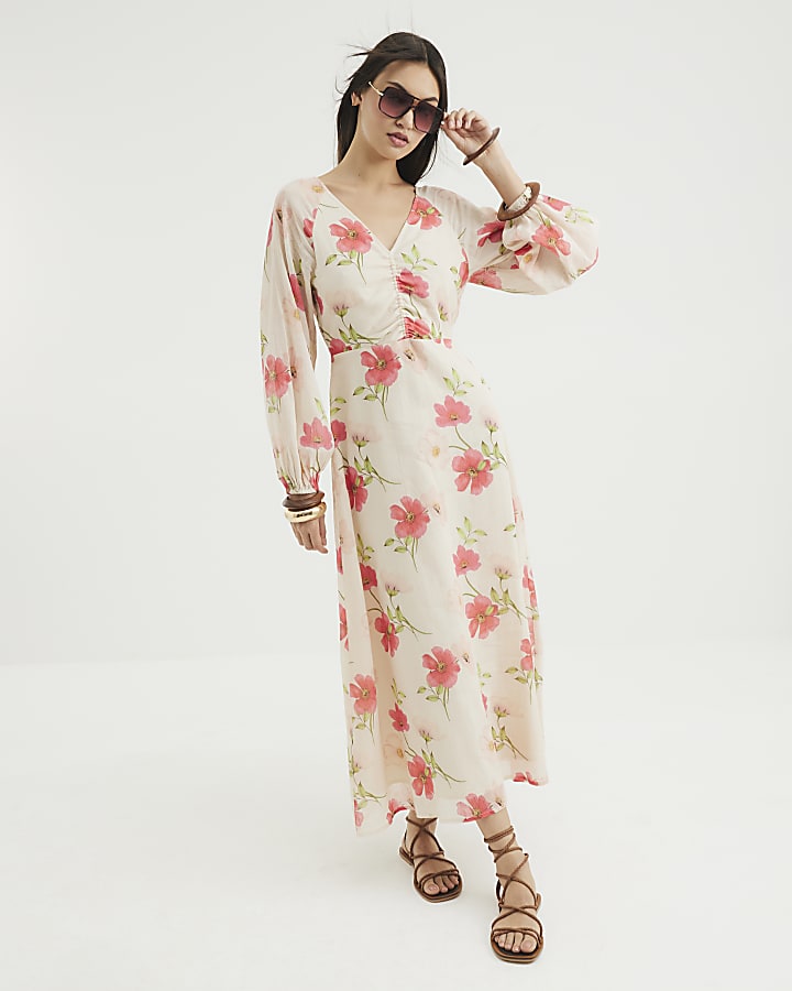 Cream V-Neck Floral Maxi Dress