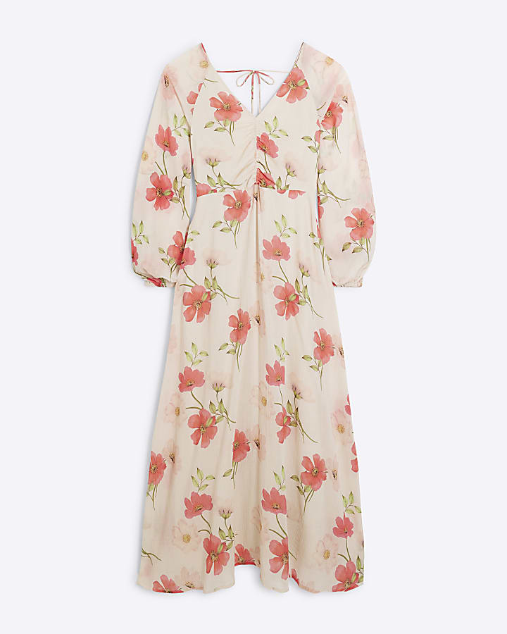 Cream V-Neck Floral Maxi Dress