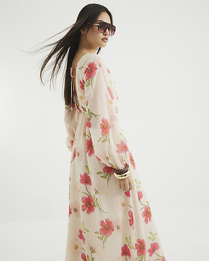 Cream V-Neck Floral Maxi Dress