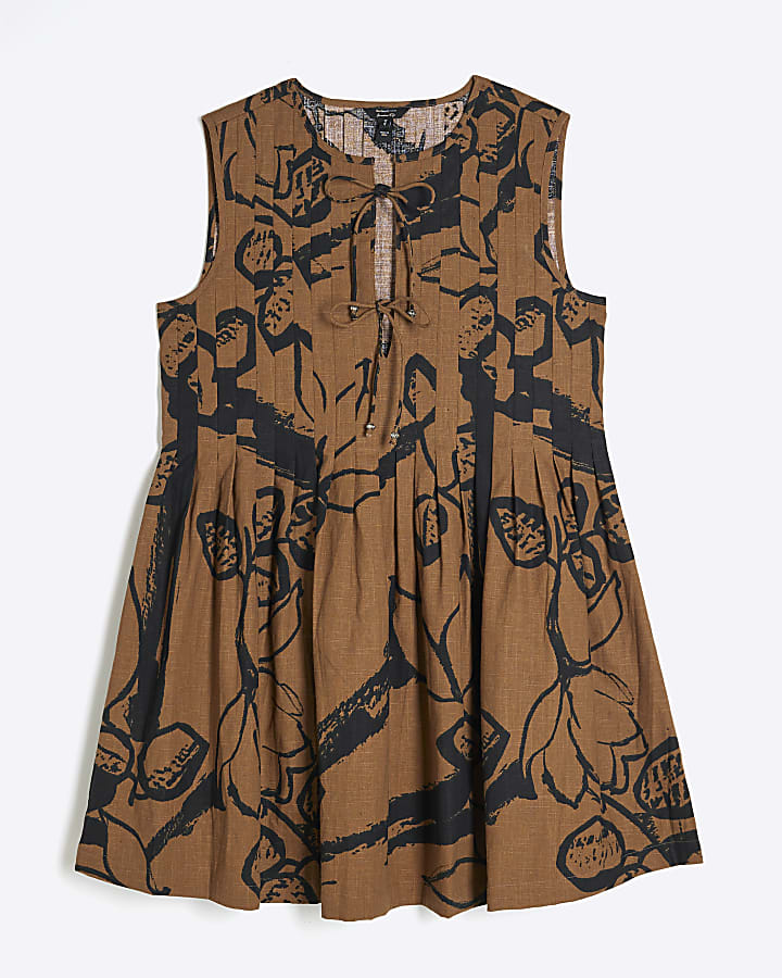 Brown Sleeveless Pleated Swing Mini Dress