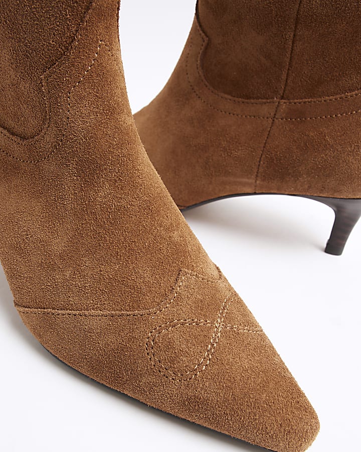 Brown Faux Suede Kitten Heel Western Boots