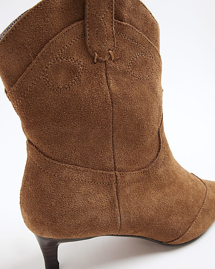 Brown Faux Suede Kitten Heel Western Boots