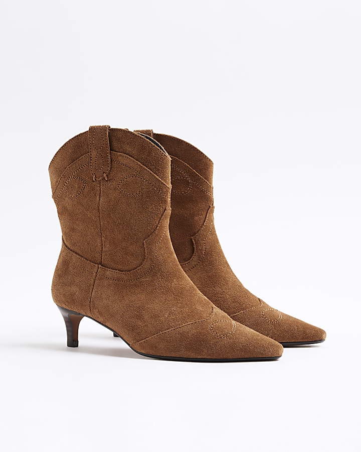 Brown Faux Suede Kitten Heel Western Boots