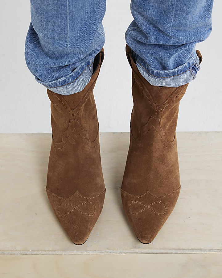 Brown Faux Suede Kitten Heel Western Boots