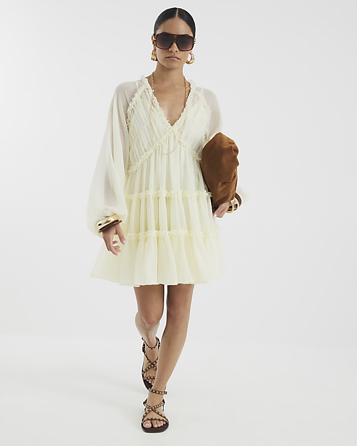 Petite Cream Long Sleeve Ruffle Smock Dress