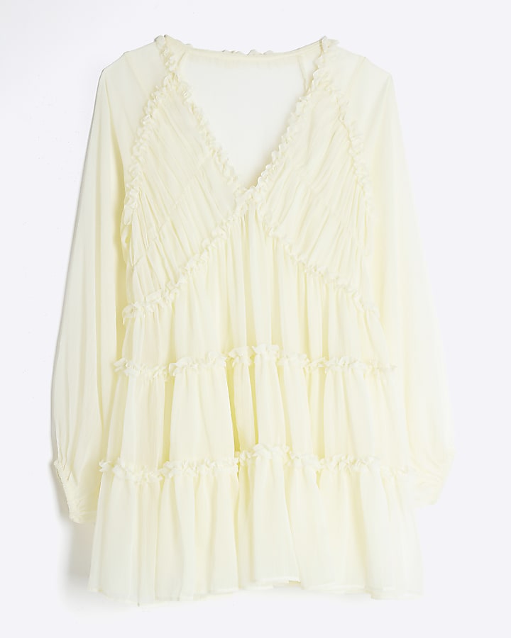 Petite Cream Long Sleeve Ruffle Smock Dress
