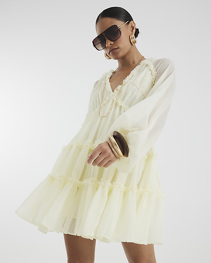 Petite Cream Long Sleeve Ruffle Smock Dress