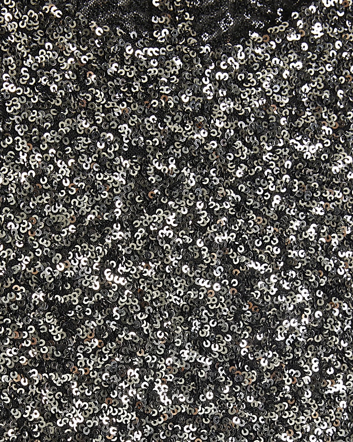 Black Sequin Shoulder Pad Mini Bodycon Dress