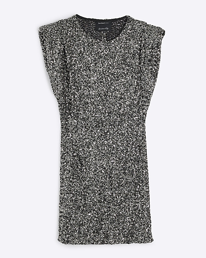 Black Sequin Shoulder Pad Mini Bodycon Dress